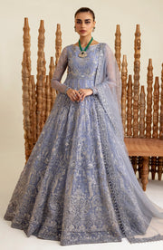 Grey Blue Embroidered Pakistani Wedding Dress in Pishwas Frock Style