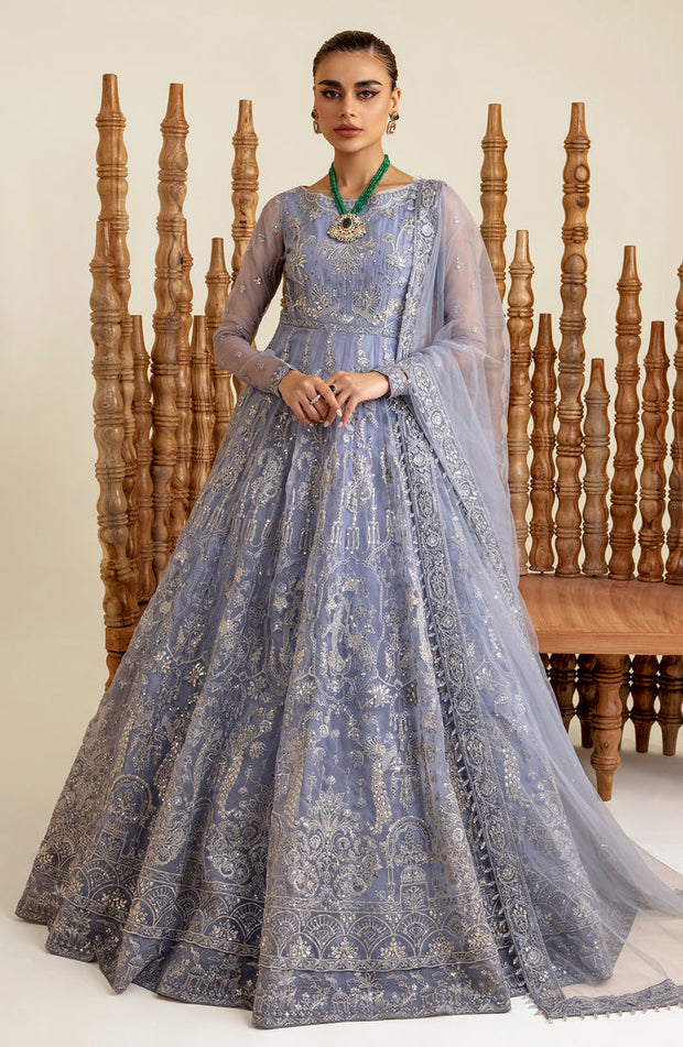 Grey Blue Pakistani Wedding Dress in Pishwas Frock Style Nameera by Farooq Grey Blue Pakistani Wedding Dress in Pishwas Frock Style Nameera by Farooq