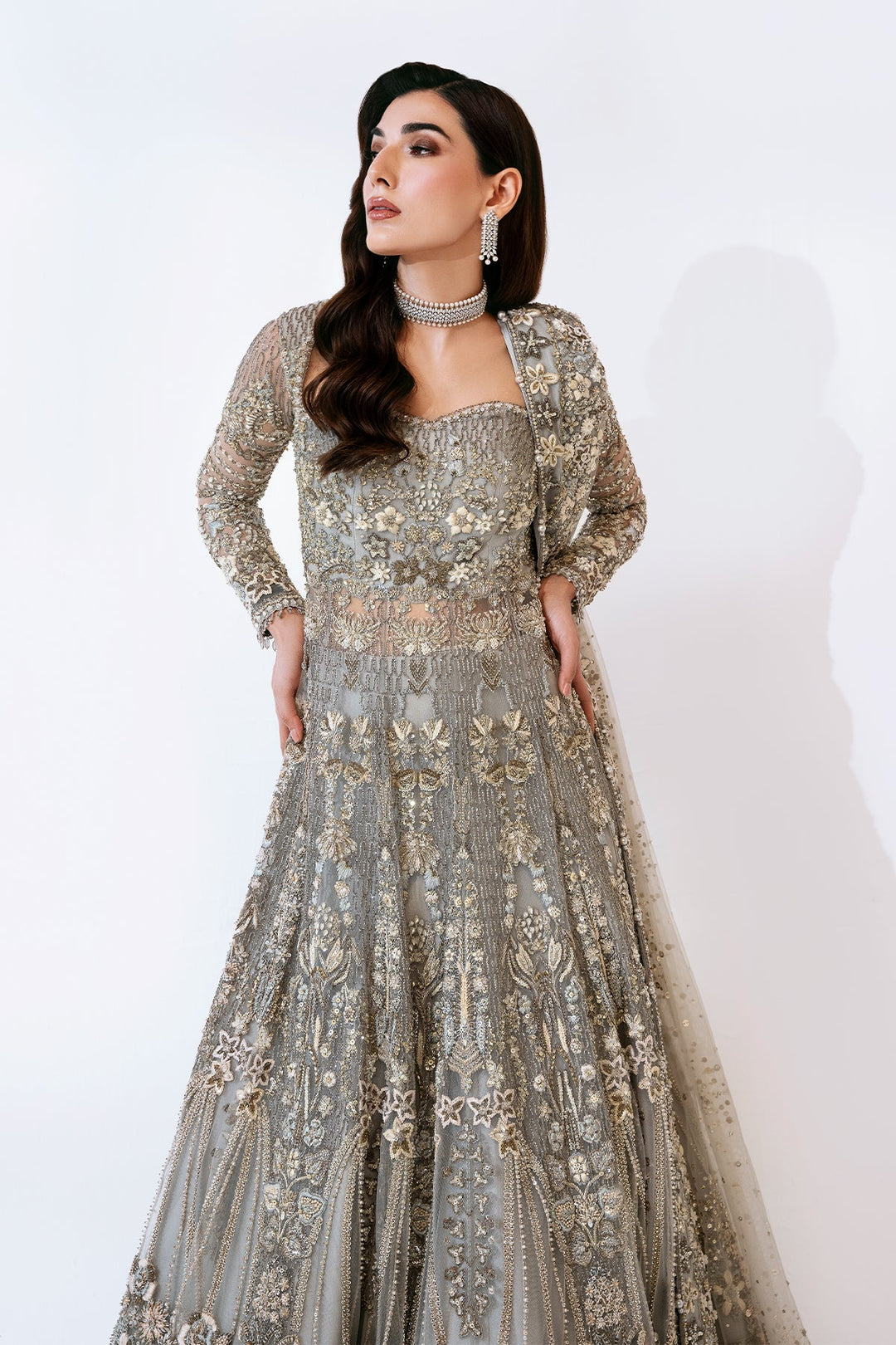 Grey Pakistani Bridal Dress in Gown and Lehenga Style