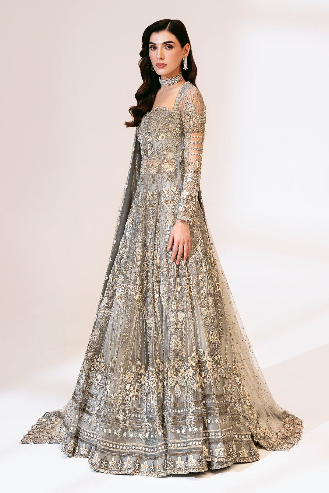 Grey Pakistani Bridal Dress in Gown and Lehenga Style