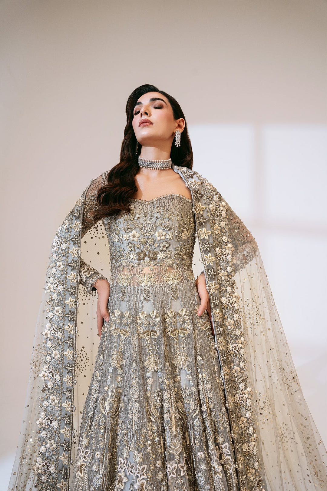 Grey Pakistani Bridal Dress in Gown and Lehenga Style Online
