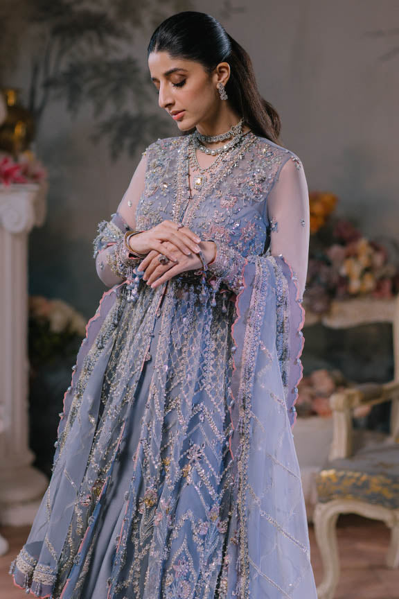 Grey Pakistani Wedding Dress in Open Gown and Trouser Style