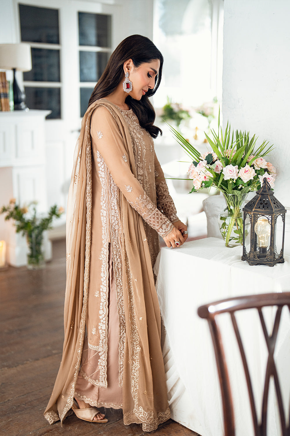 Elegant Brown Sequins Embroidered Chiffon Pakistani Party Dress