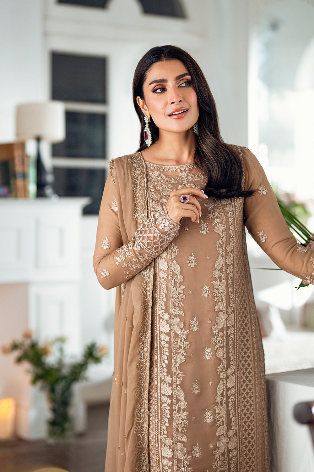 Elegant Brown Sequins Embroidered Chiffon Pakistani Party Dress
