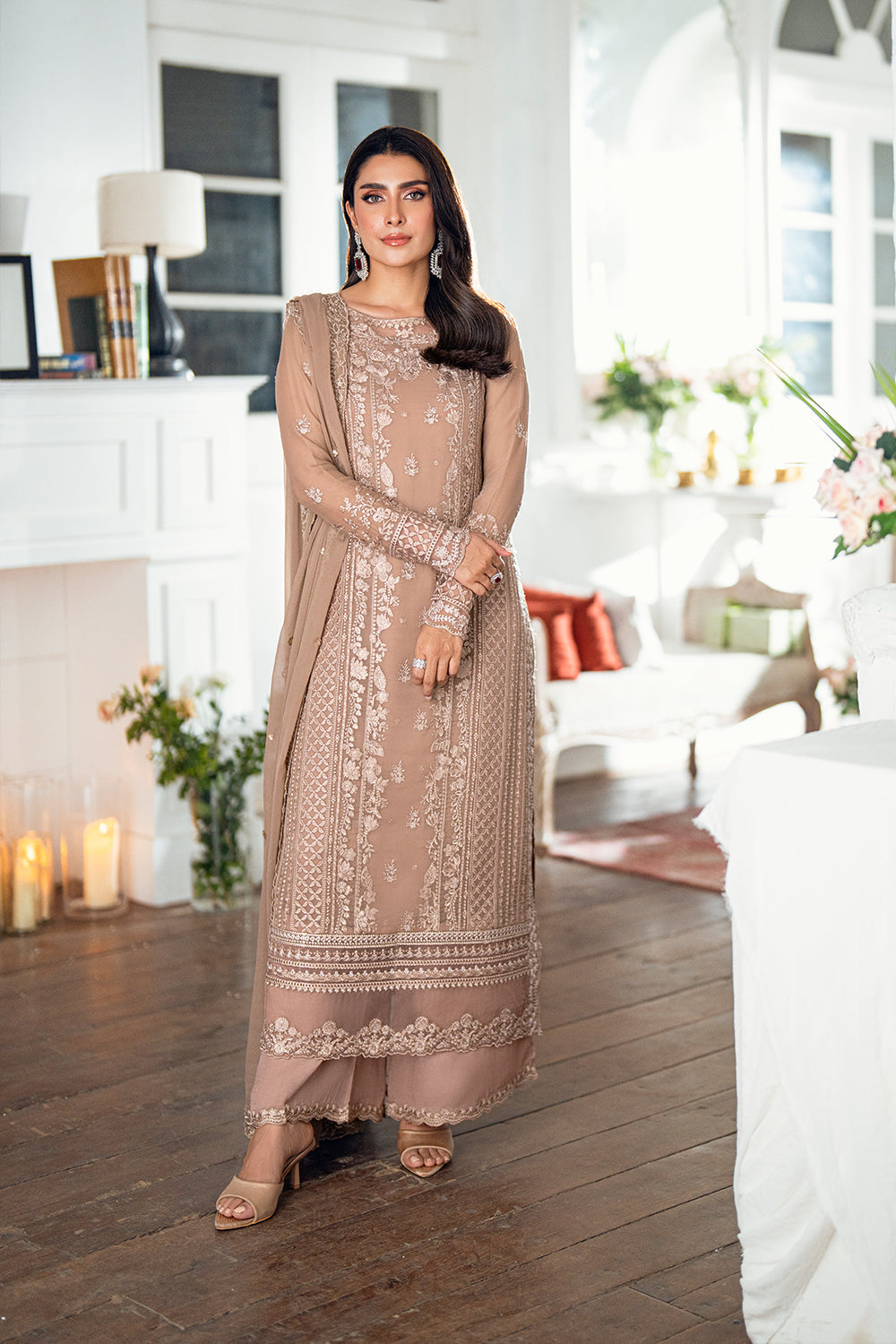 Elegant Brown Sequins Embroidered Chiffon Pakistani Party Dress