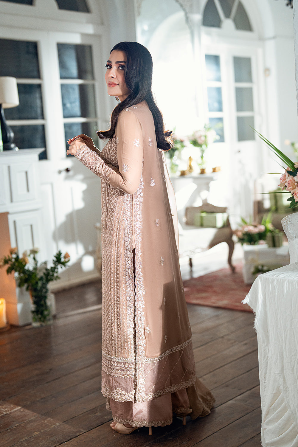 Elegant Brown Sequins Embroidered Chiffon Pakistani Party Dress
