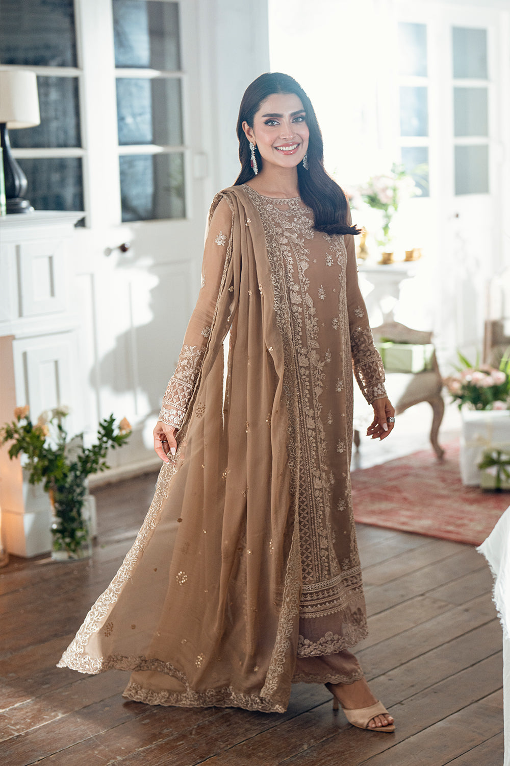 Elegant Brown Sequins Embroidered Chiffon Pakistani Party Dress