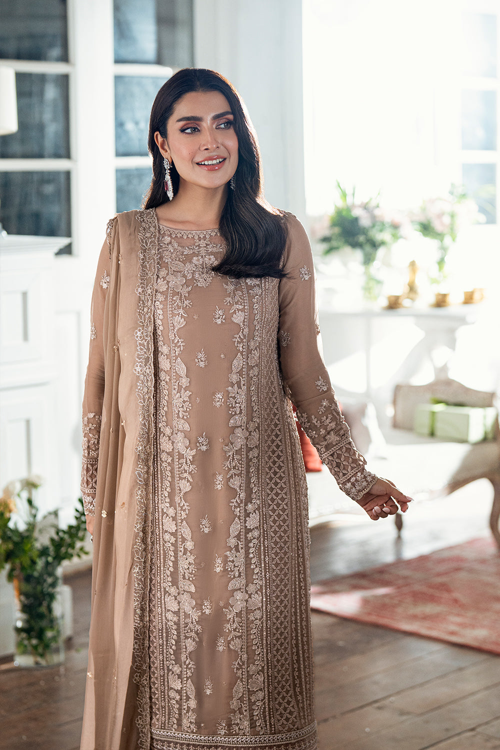Elegant Brown Sequins Embroidered Chiffon Pakistani Party Dress