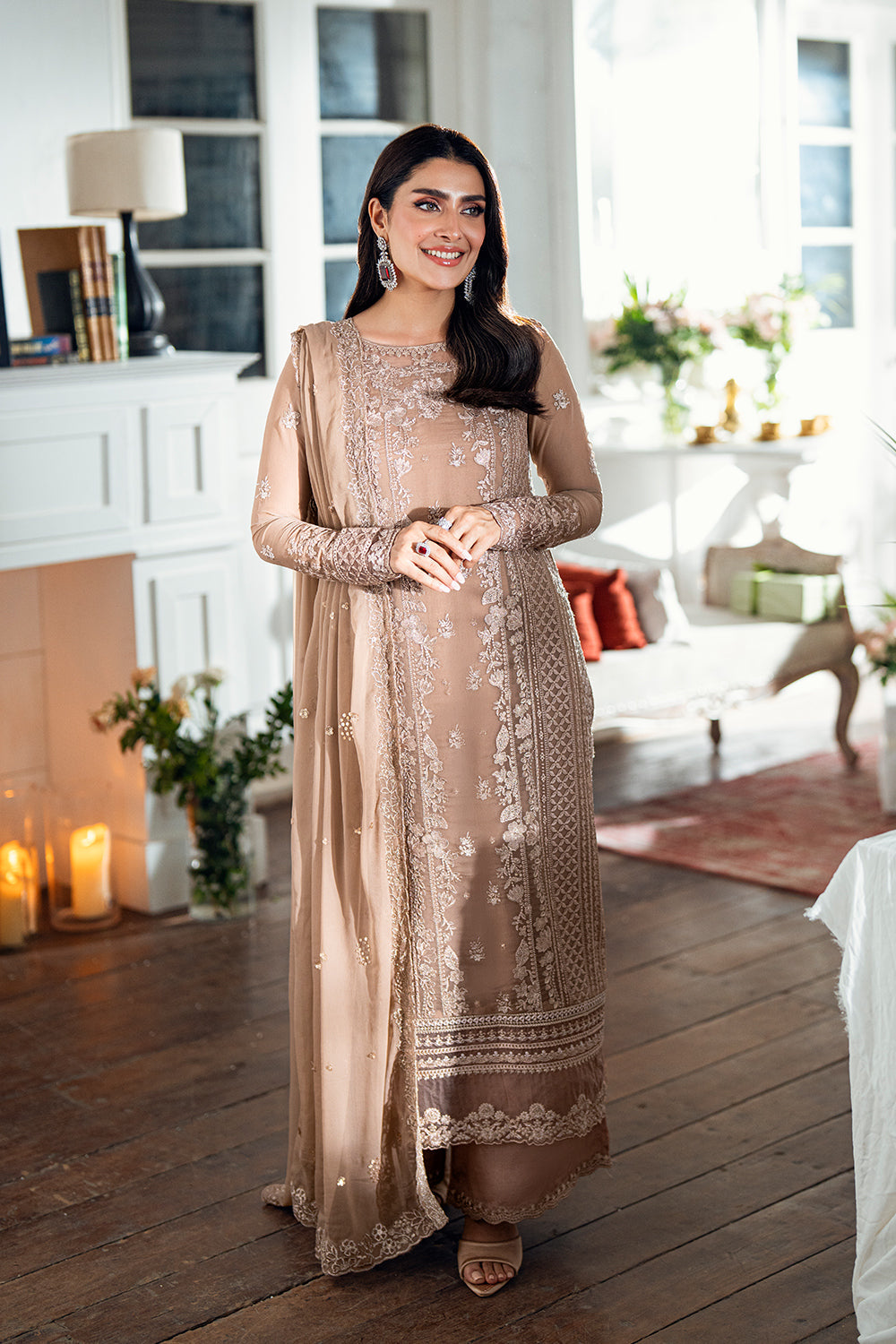 Elegant Brown Sequins Embroidered Chiffon Pakistani Party Dress