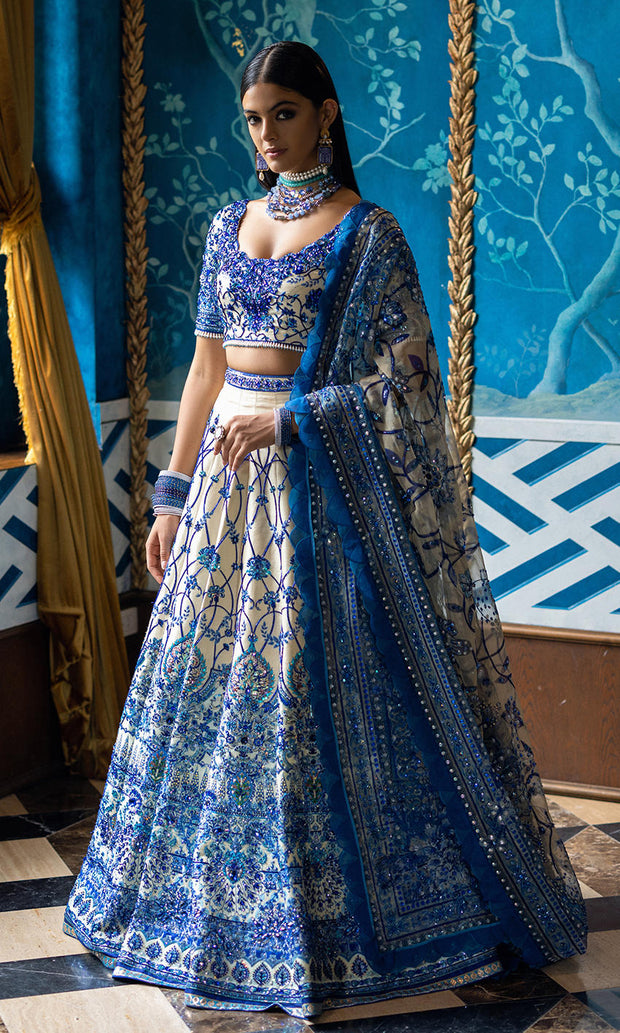 HSY Blue Bridal Lehenga Choli and Dupatta Wedding Dress