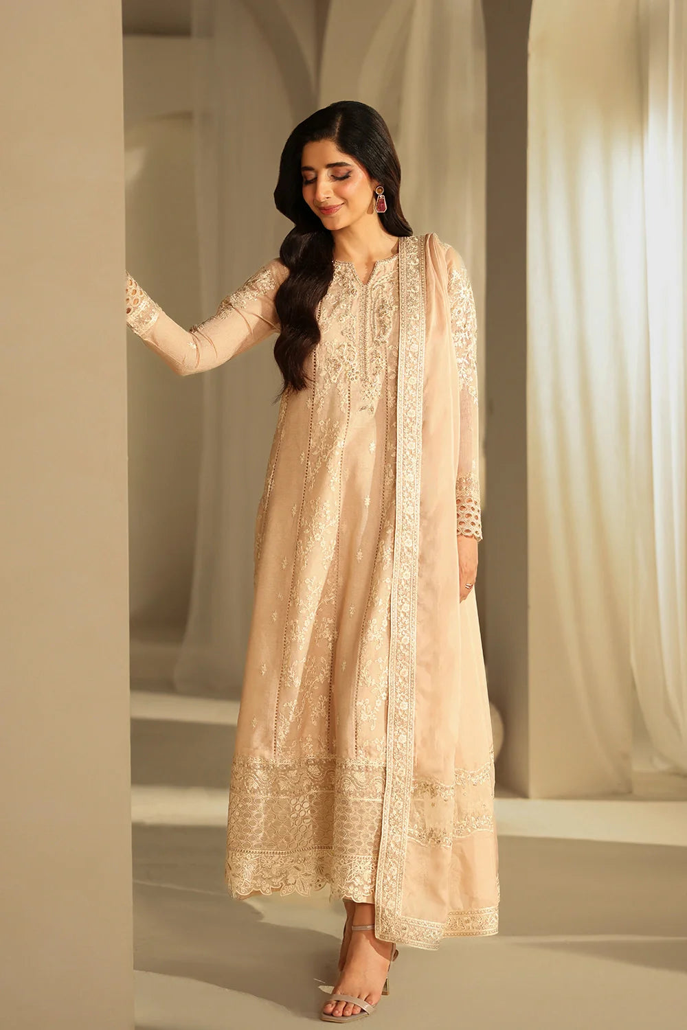 Elegant Hazel Sequin Embroidered Khaddi Net Pakistani Party Dress
