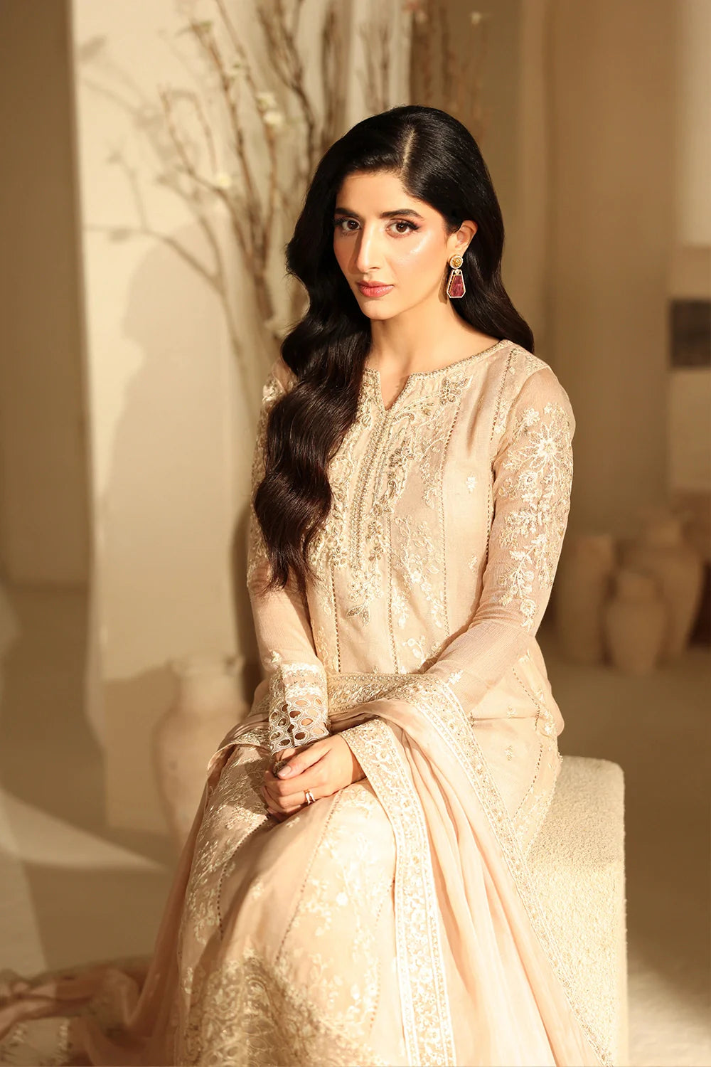 Elegant Hazel Sequin Embroidered Khaddi Net Pakistani Party Dress