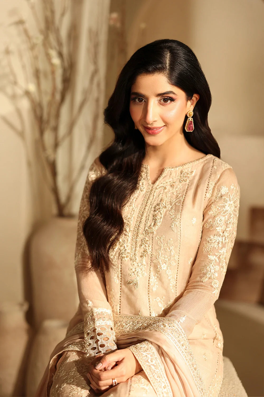 Elegant Hazel Sequin Embroidered Khaddi Net Pakistani Party Dress