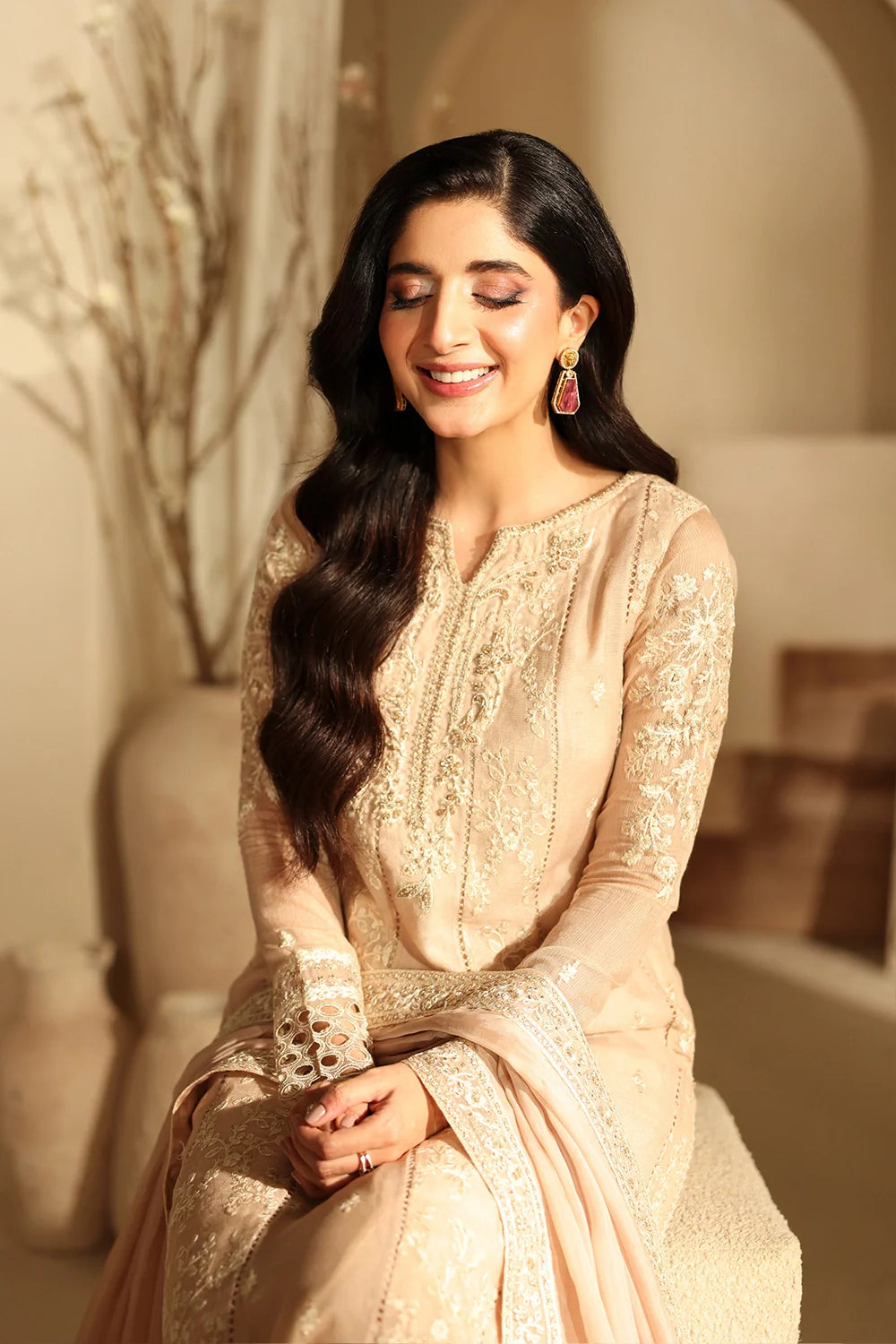 Elegant Hazel Sequin Embroidered Khaddi Net Pakistani Party Dress