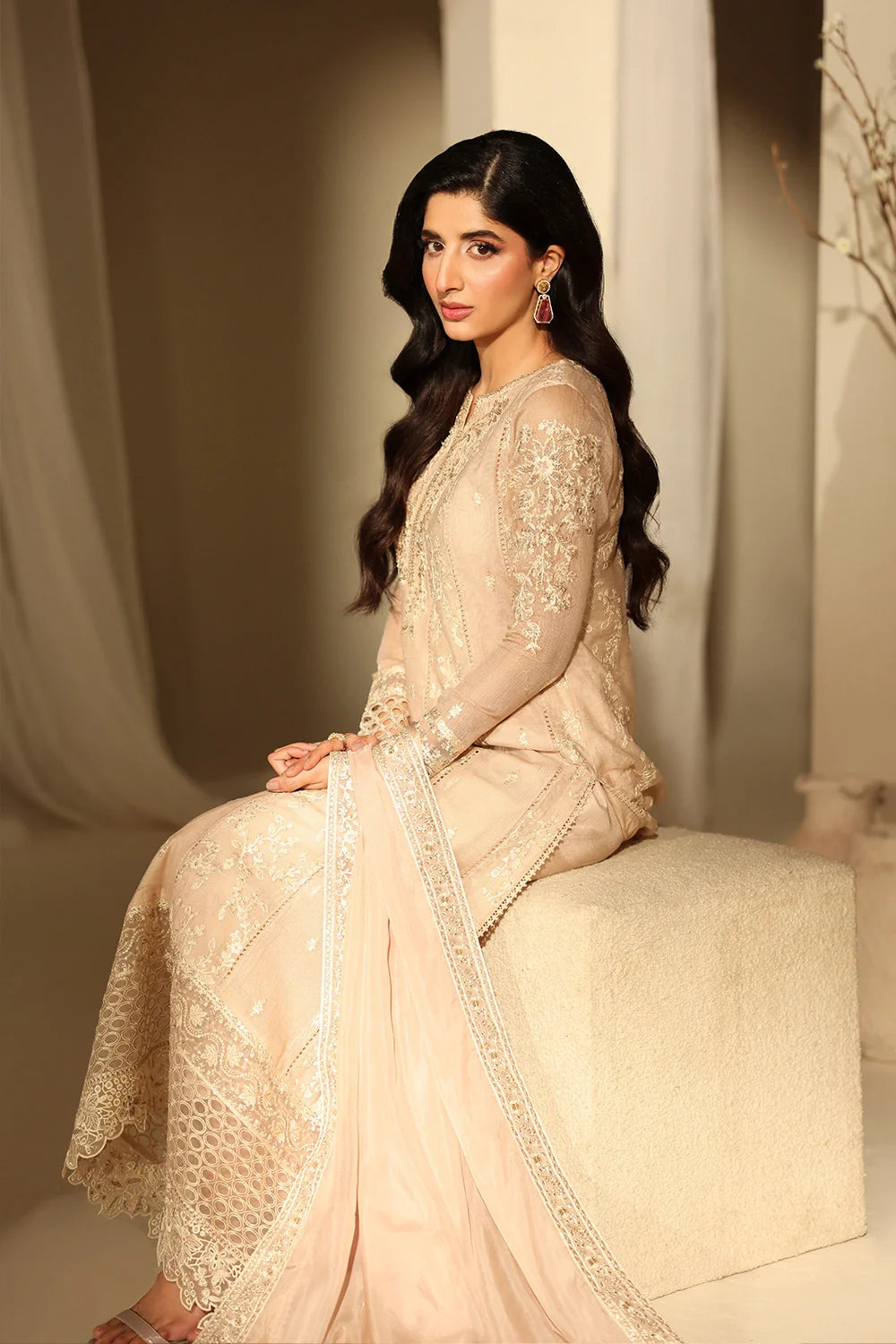 Elegant Hazel Sequin Embroidered Khaddi Net Pakistani Party Dress