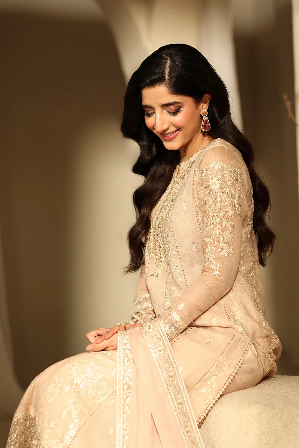 Elegant Hazel Sequin Embroidered Khaddi Net Pakistani Party Dress