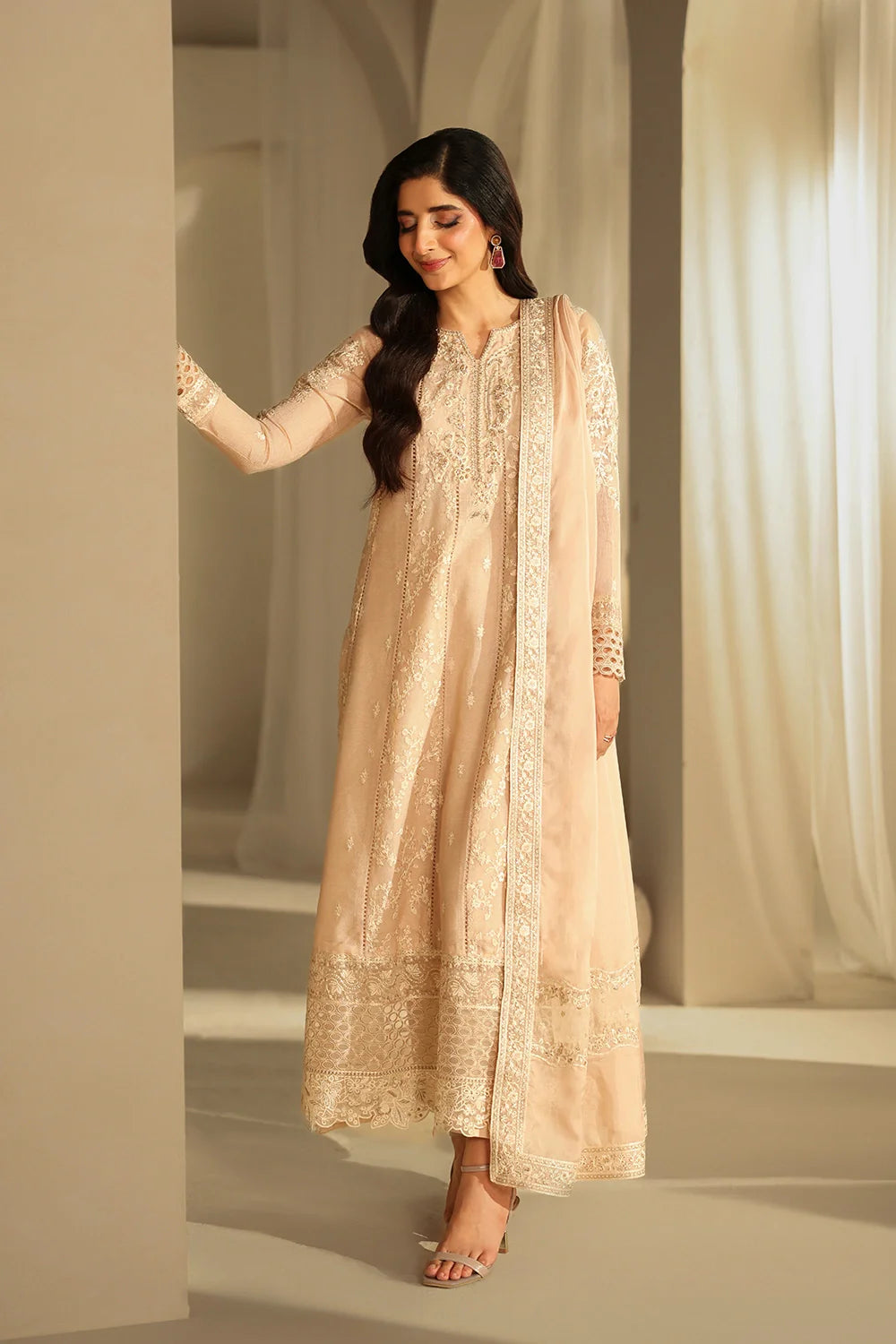 Elegant Hazel Sequin Embroidered Khaddi Net Pakistani Party Dress
