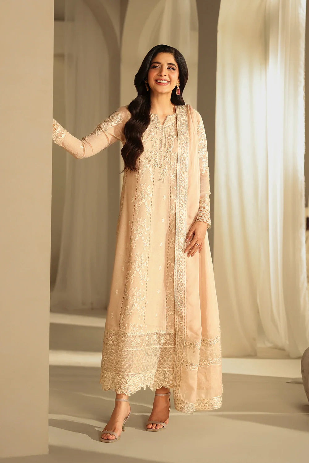 Elegant Hazel Sequin Embroidered Khaddi Net Pakistani Party Dress
