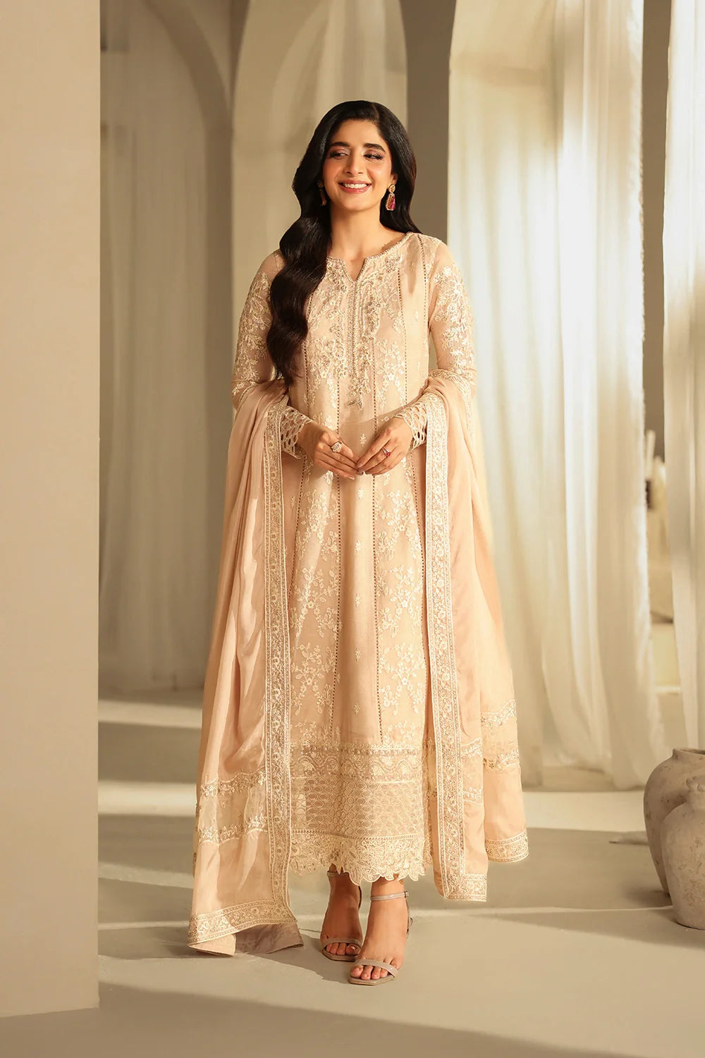 Elegant Hazel Sequin Embroidered Khaddi Net Pakistani Party Dress