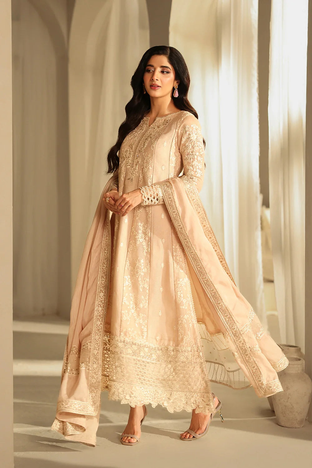 Elegant Hazel Sequin Embroidered Khaddi Net Pakistani Party Dress