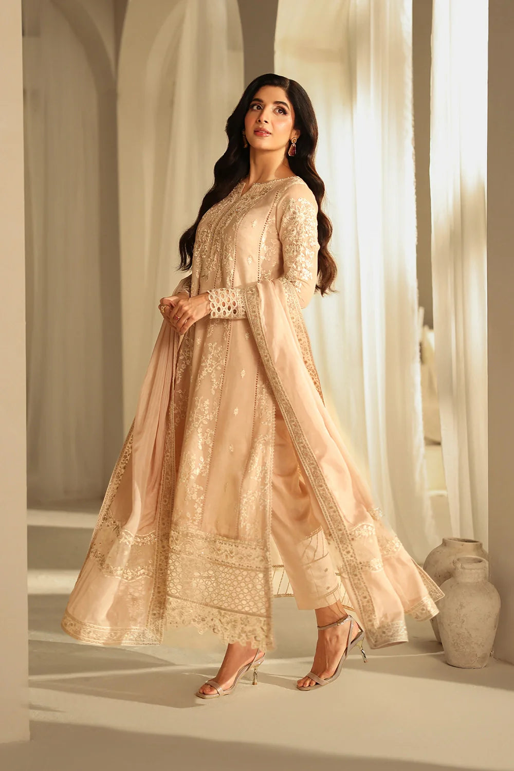 Elegant Hazel Sequin Embroidered Khaddi Net Pakistani Party Dress