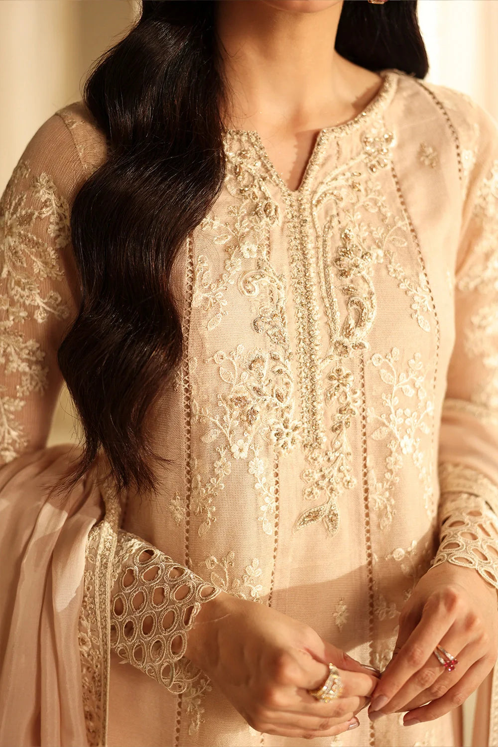 Elegant Hazel Sequin Embroidered Khaddi Net Pakistani Party Dress