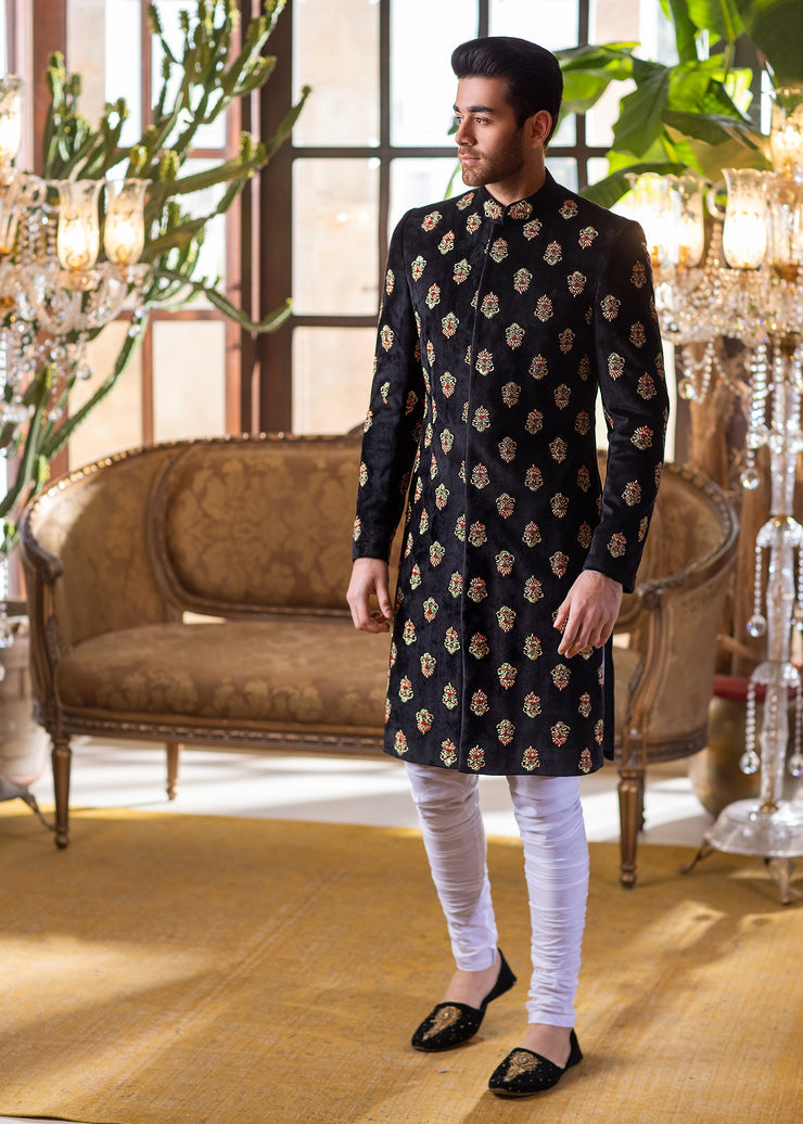 Heavily Embellished Black Embroidered Pakistani Sherwani
