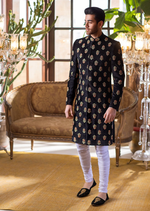 Heavily Embellished Black Embroidered Pakistani Sherwani