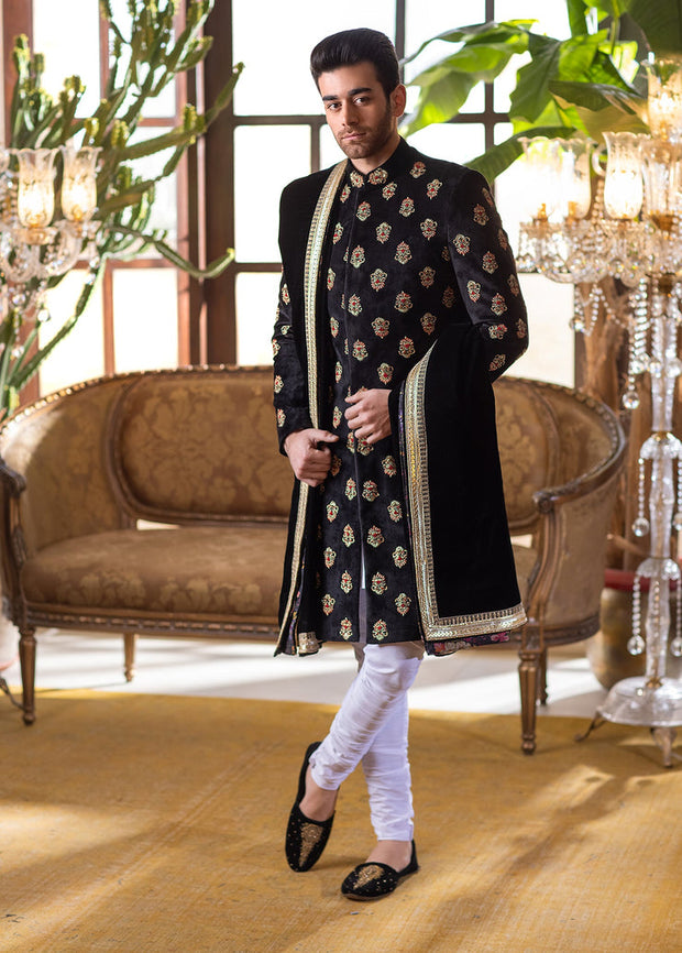 Heavily Embellished Black Velvet Embroidered Pakistani Sherwani