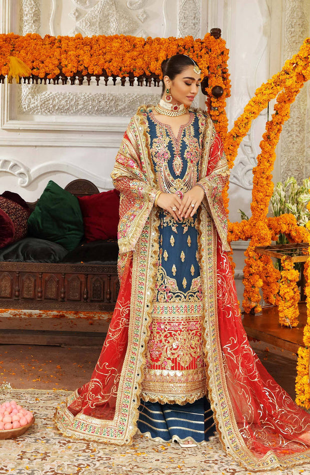 Heavily Embellished Blue Pakistani Kameez Sharara Wedding Dress