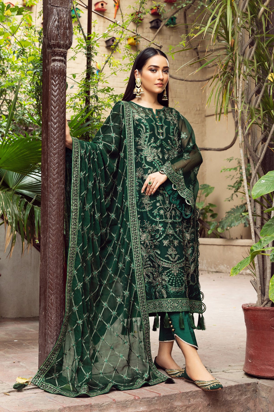 Heavily Embellished Green Kameez Dupatta Wedding Dress  Nameera by Farooq