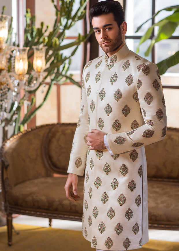 Heavily Embellished Ivory Khaddi Silk Pakistani Groom Sherwani