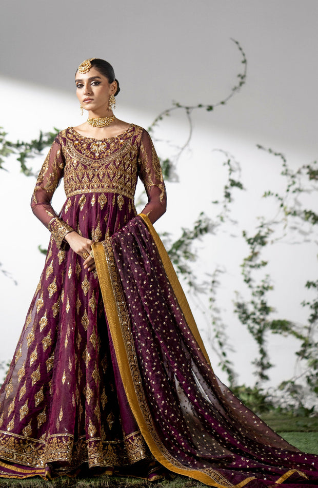 Heavily Embellished Pakistani Wedding Dress Pishwas In Magenta Shade