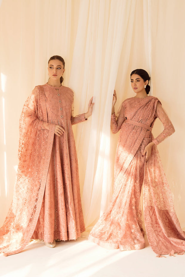 Heavily Embellished Peach Pakistani Pishwas Dupatta Wedding Dress