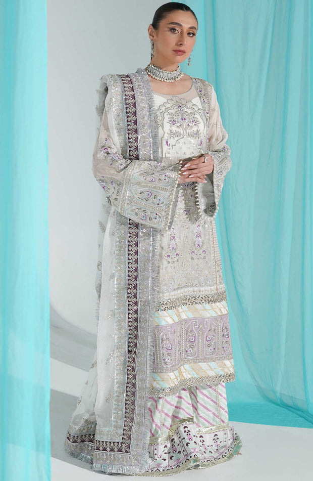 Heavily Embellished Silver Pakistani Long Kameez Sharara Wedding Dress