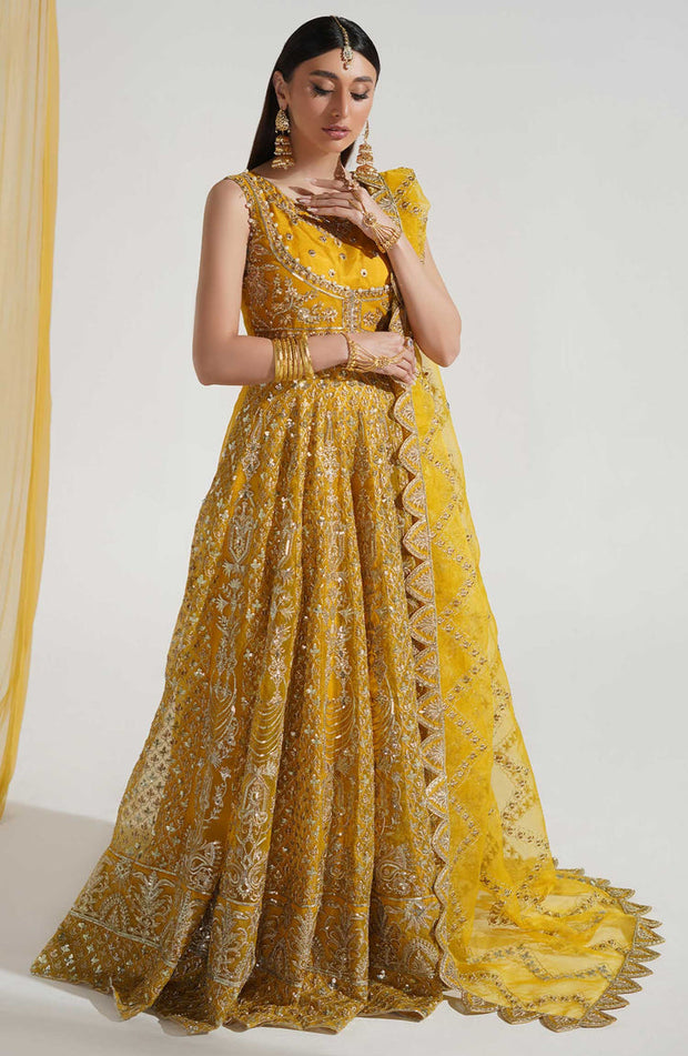 Heavily Embroidered Yellow Pakistani Frock Mehndi Wedding Dress