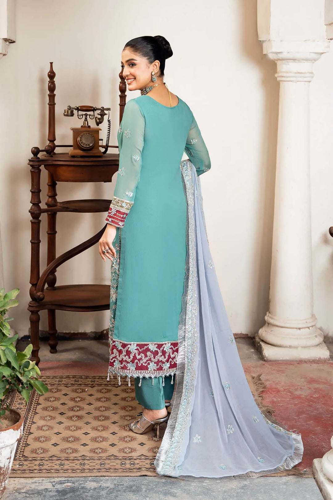 Off White Embroidered Raw Silk Dress Set