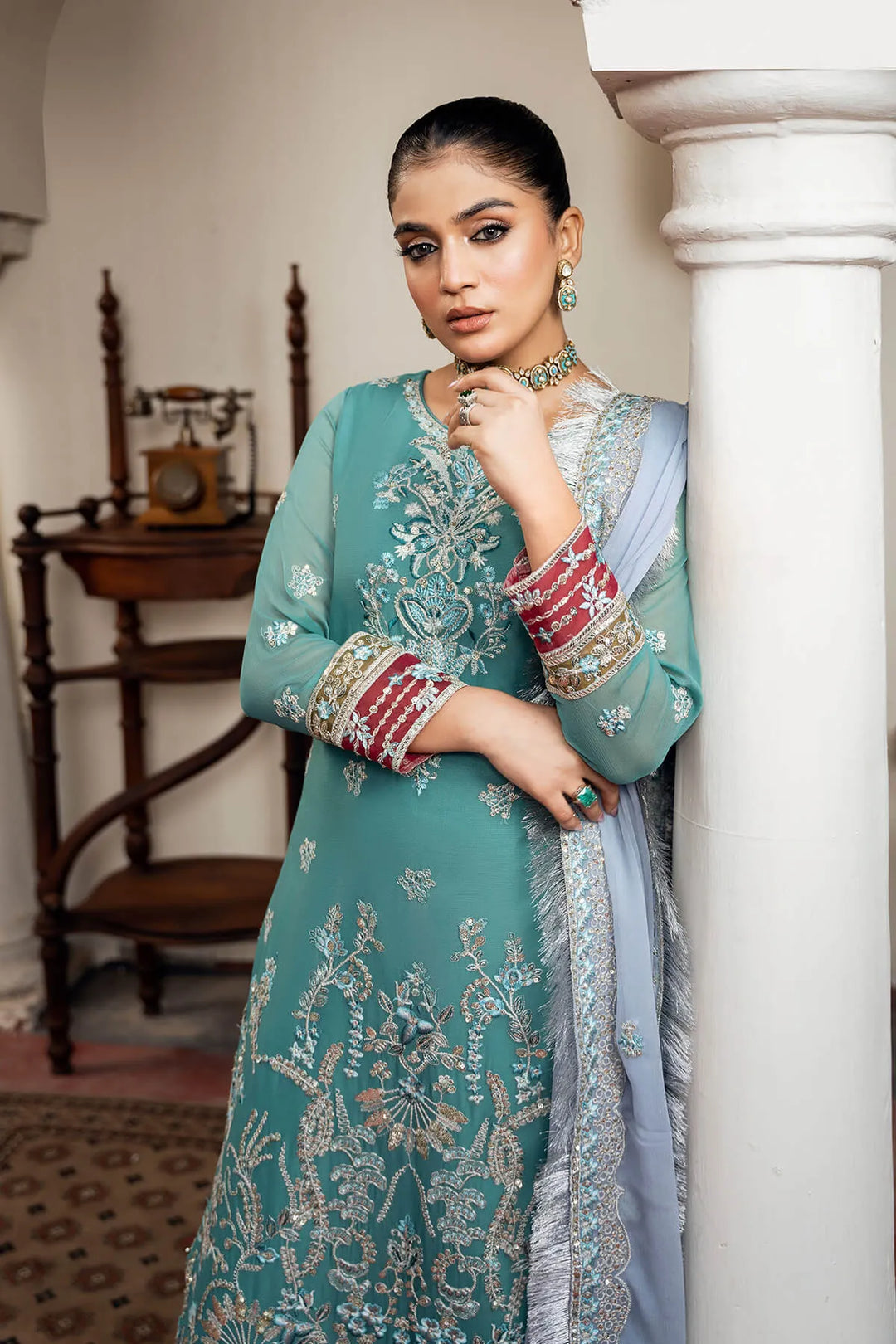 Off White Embroidered Raw Silk Dress Set