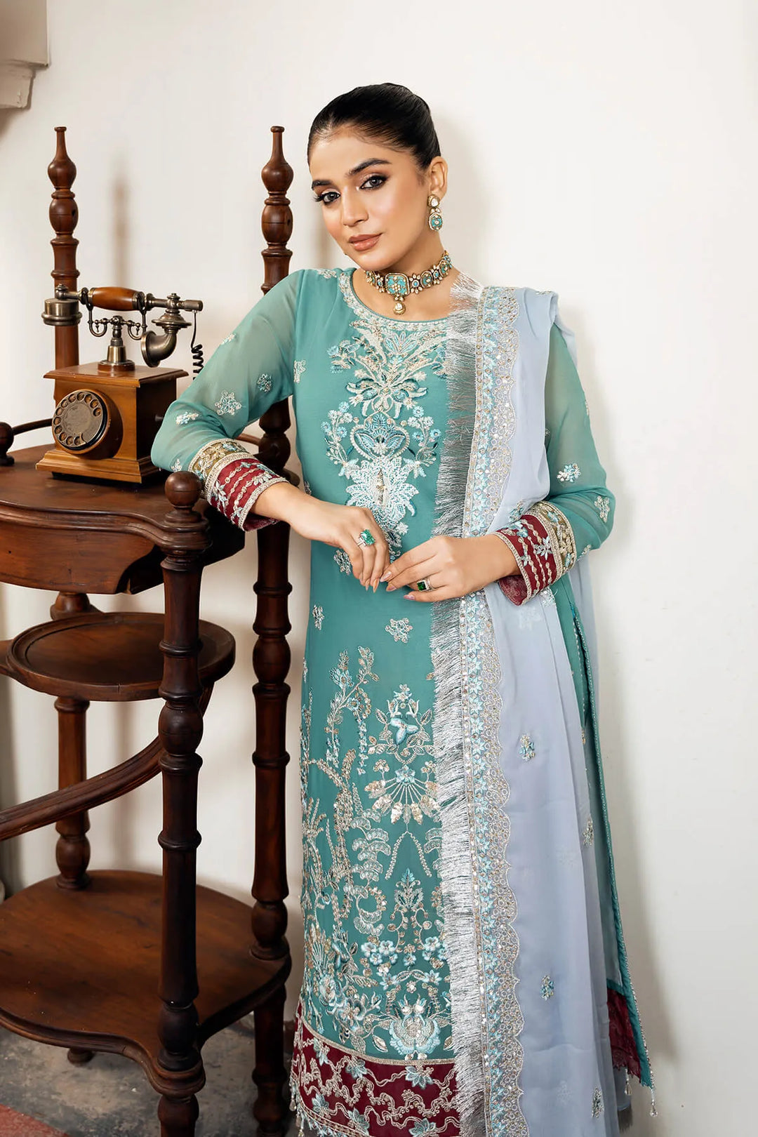 Off White Embroidered Raw Silk Dress Set
