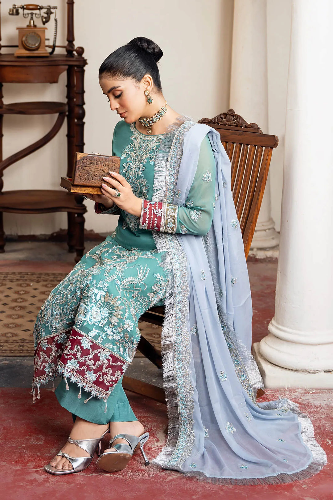 Off White Embroidered Raw Silk Dress Set