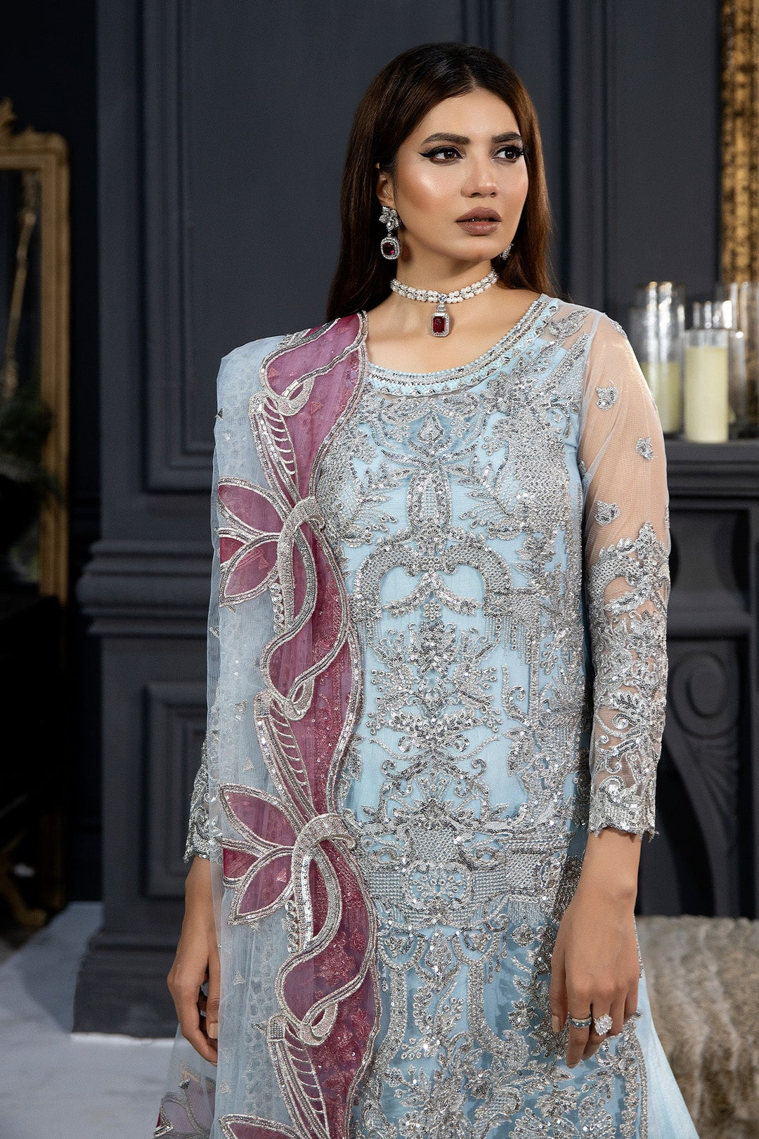Embroidered Organza Pakistani Bridal Dress with Stonework