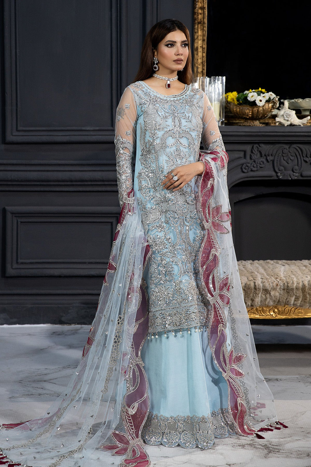 Embroidered Organza Pakistani Bridal Dress with Stonework