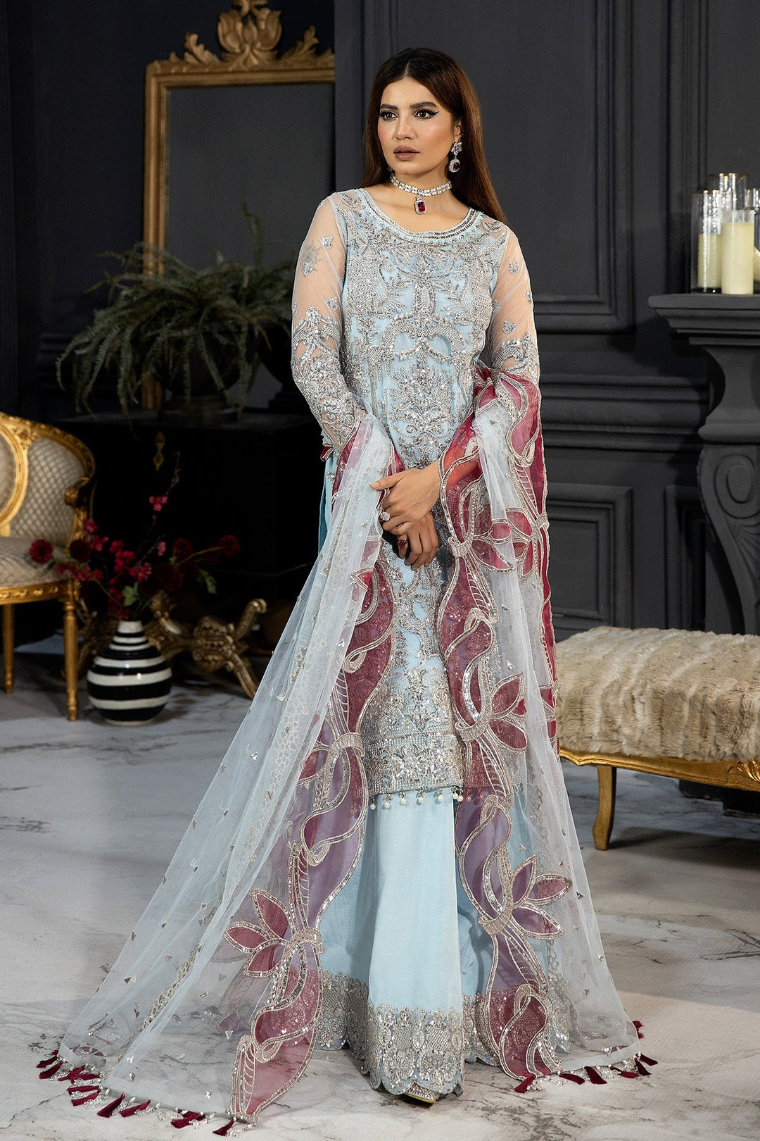 Embroidered Organza Pakistani Bridal Dress with Stonework