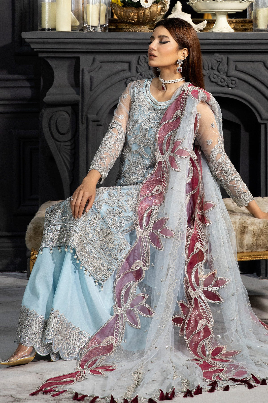 Embroidered Organza Pakistani Bridal Dress with Stonework