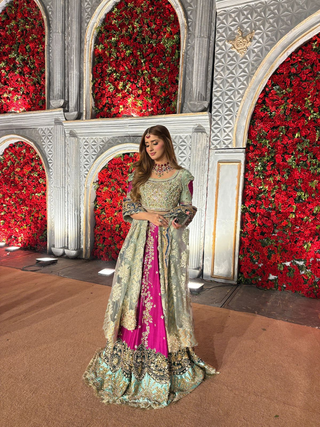 Mint Green Pakistani Bridal Outfit with Gold Embroidery