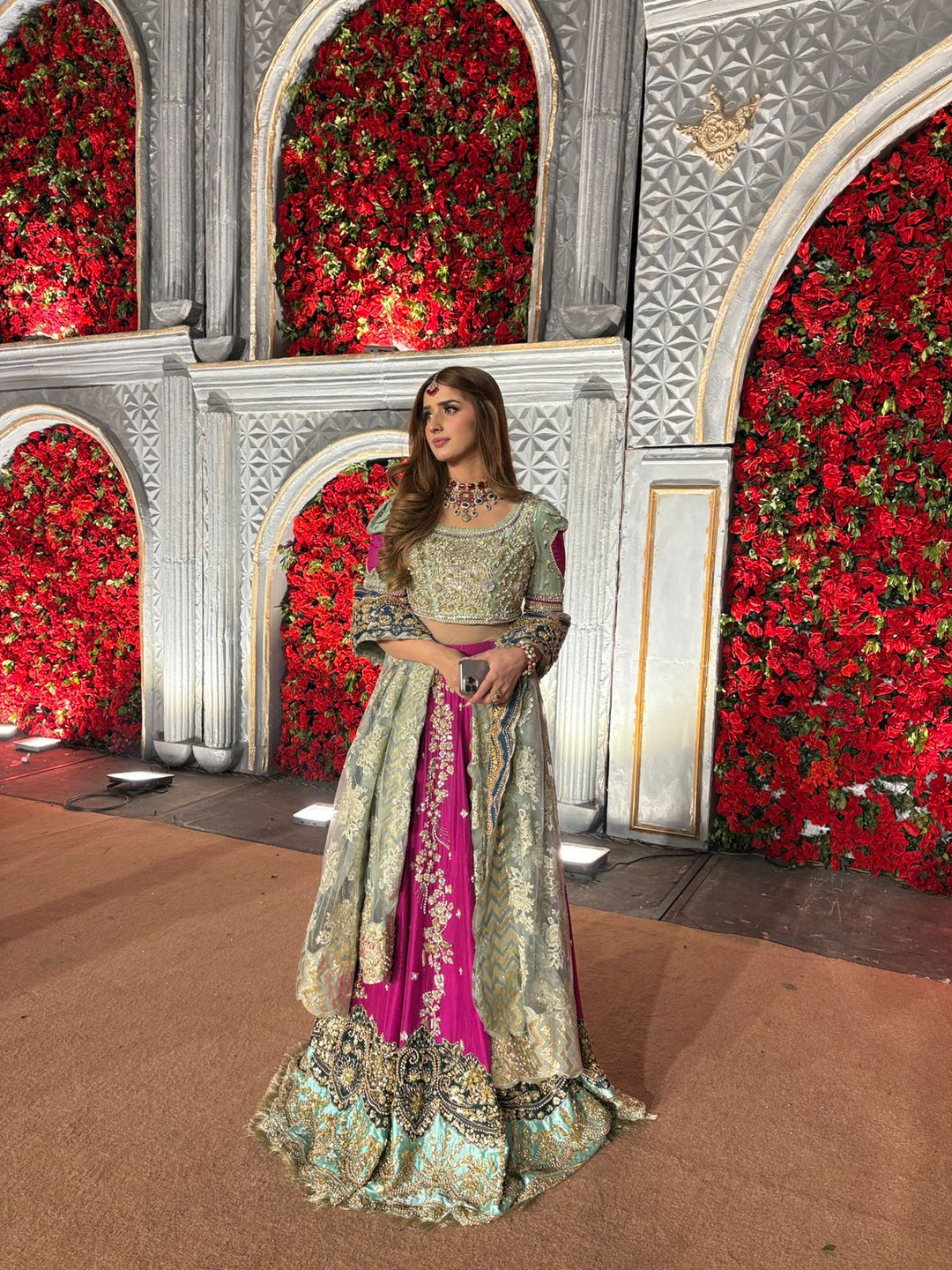 Mint Green Pakistani Bridal Outfit with Gold Embroidery