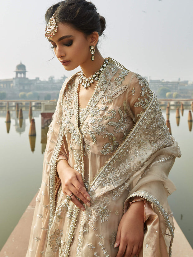 Pakistani Wedding Dress: Nude Pink Angarkha & Lehenga