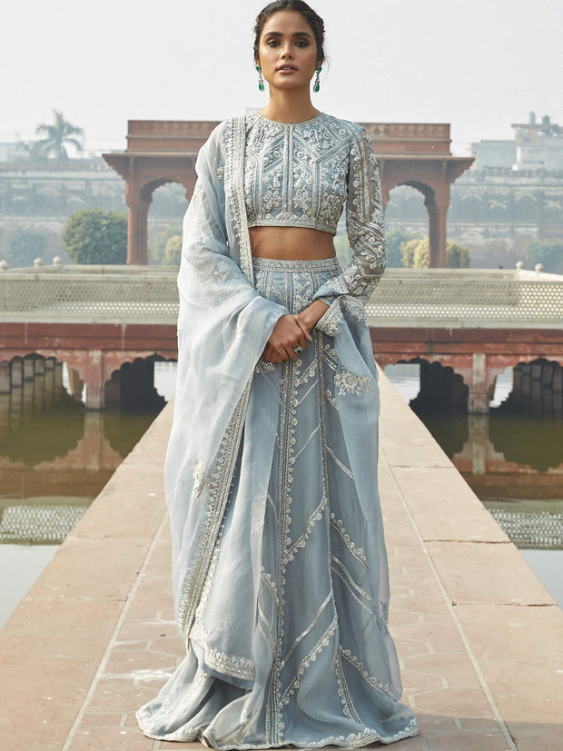 Pakistani Bridal Dress in Dusty Blue Organza with Dupatta