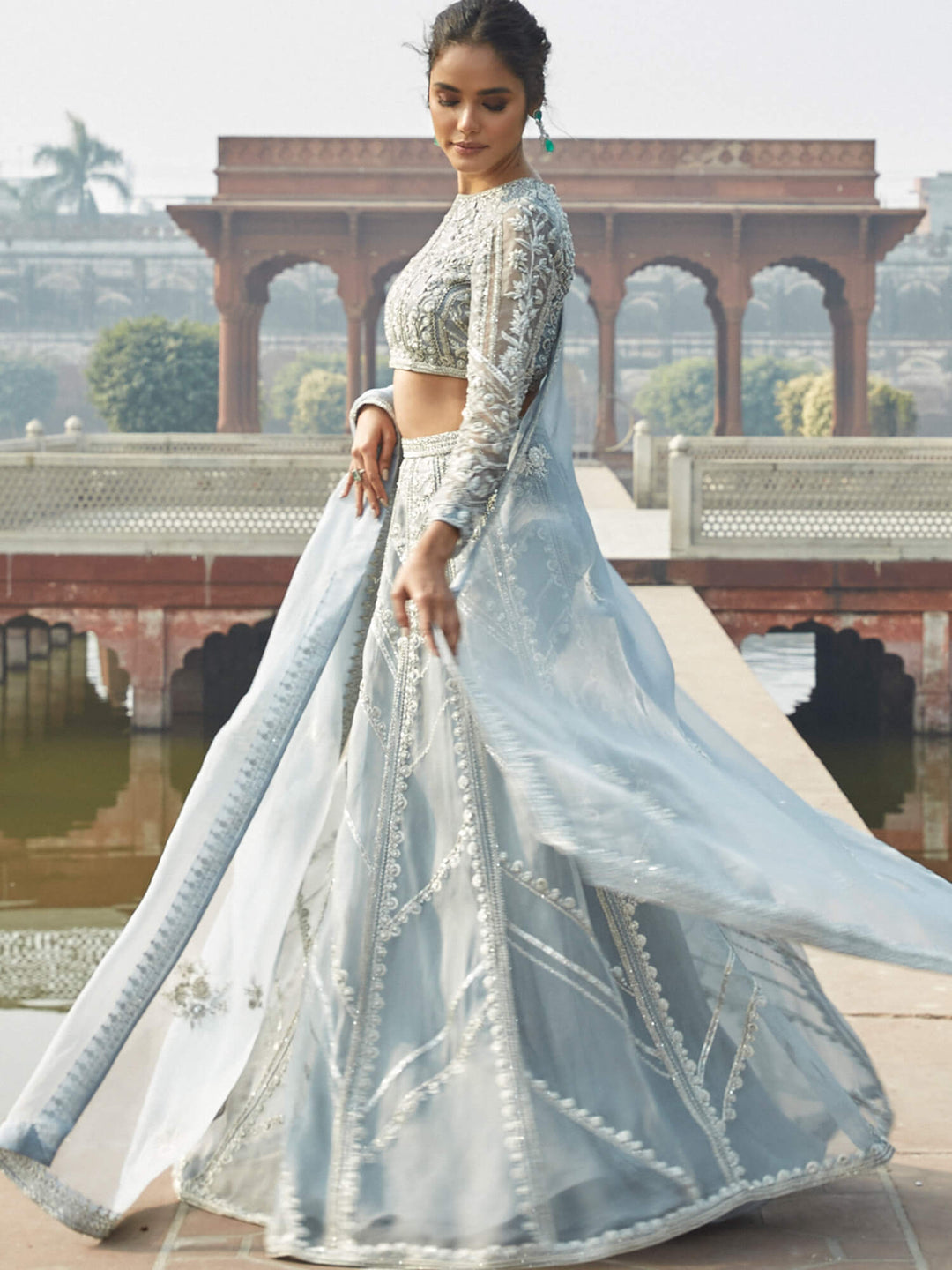 Pakistani Bridal Dress in Dusty Blue Organza with Dupatta