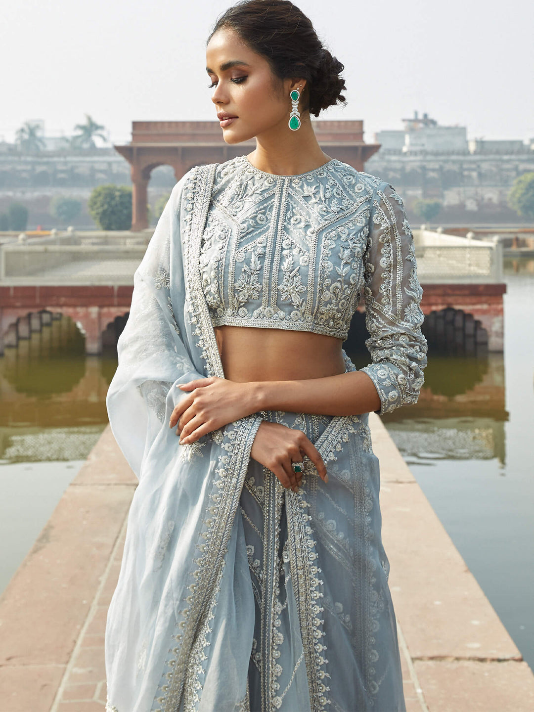 Pakistani Bridal Dress in Dusty Blue Organza with Dupatta